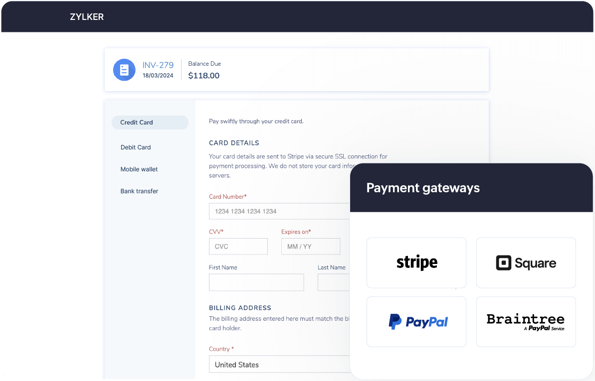 Connect to renowned payment gateways - Zoho Invoice