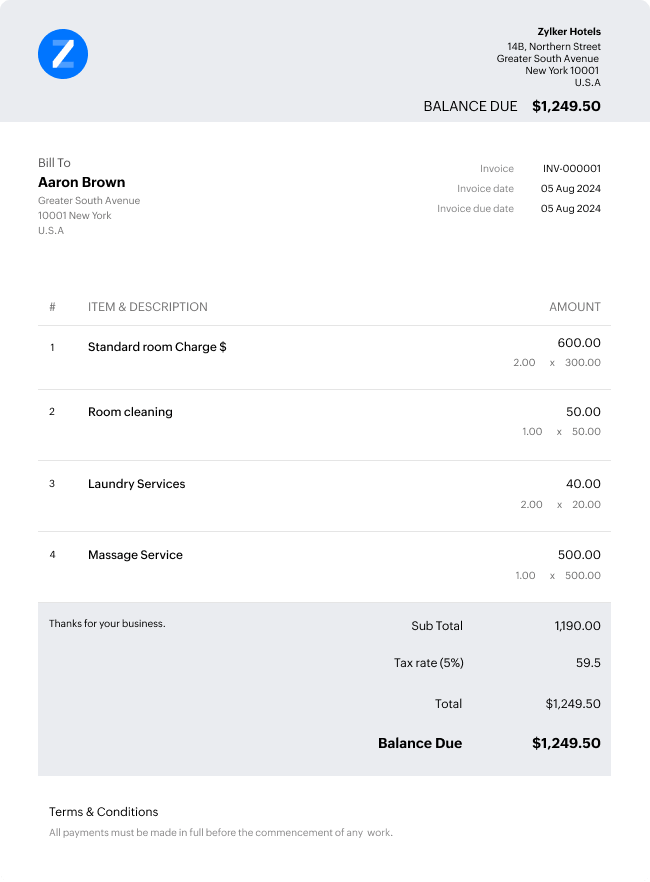 Hotel Invoice Template | Zoho Invoice