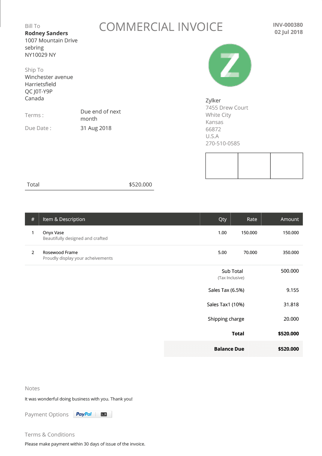 Commercial Invoice Template