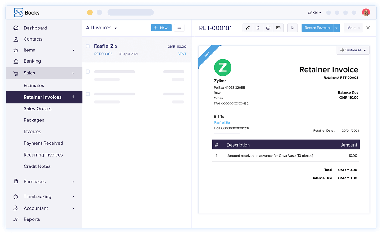 Retainer Invoices - Best Invoicing and Accounting Software | Zoho Books