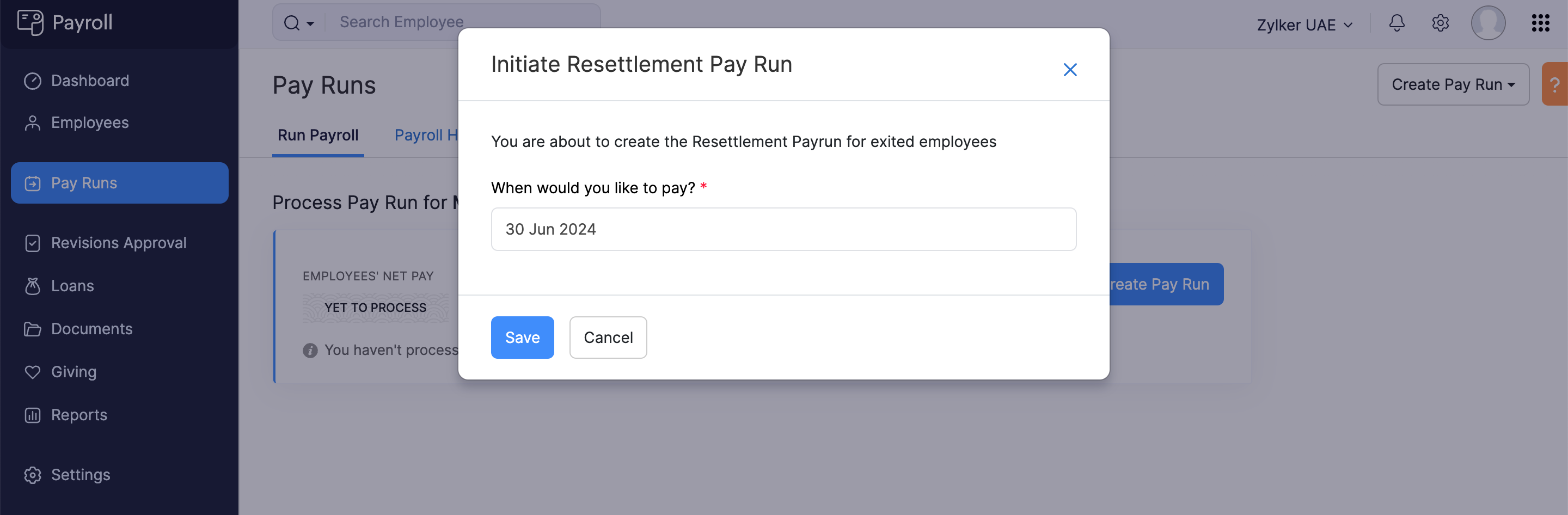 Select the Paydate for Resettlement Payroll