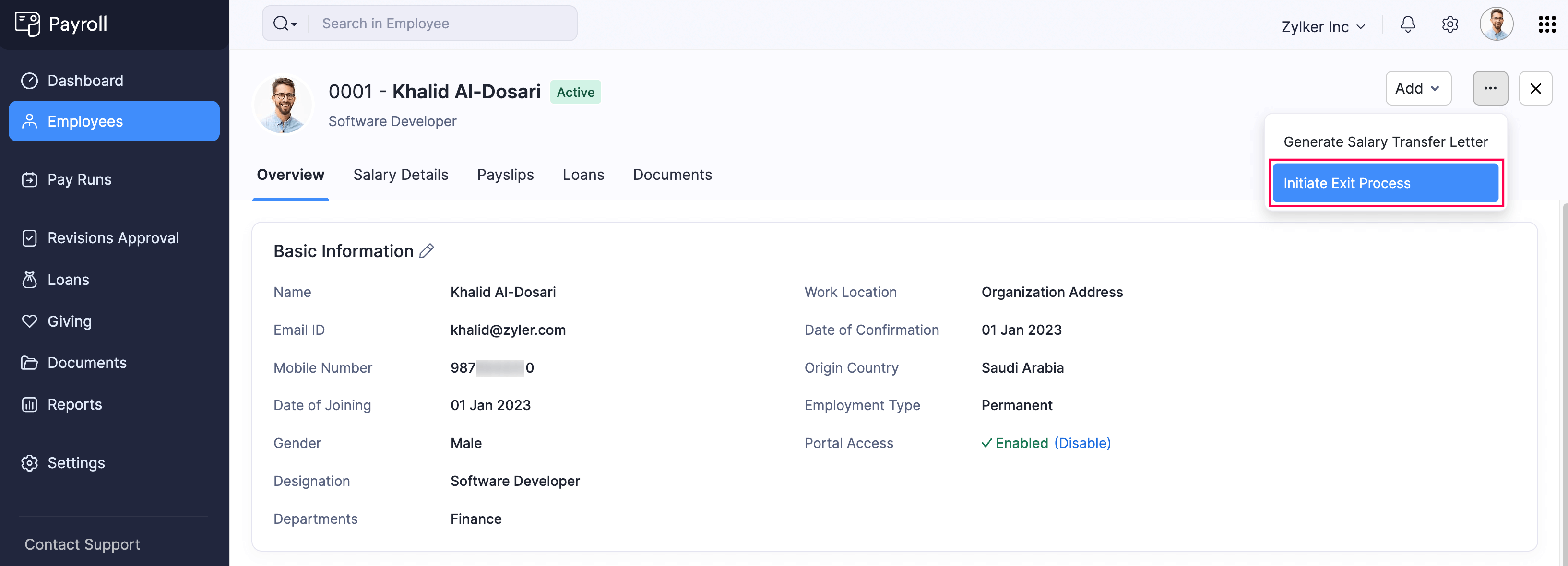 Initate Exit Process Button in Employee Module
