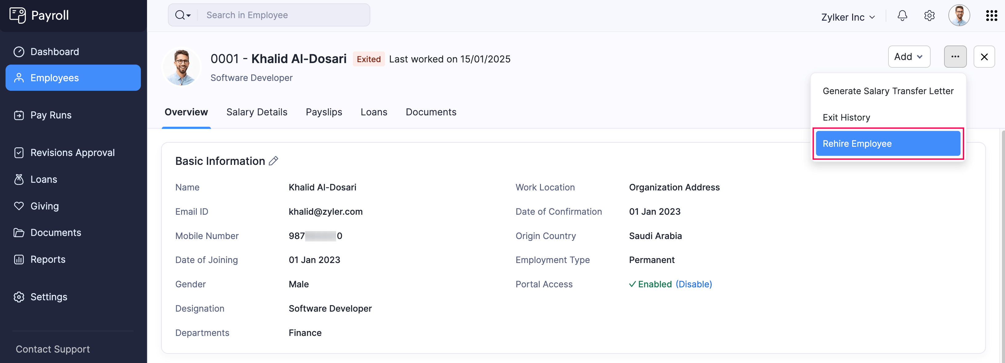 Rehire Employee Button in Zoho Payroll