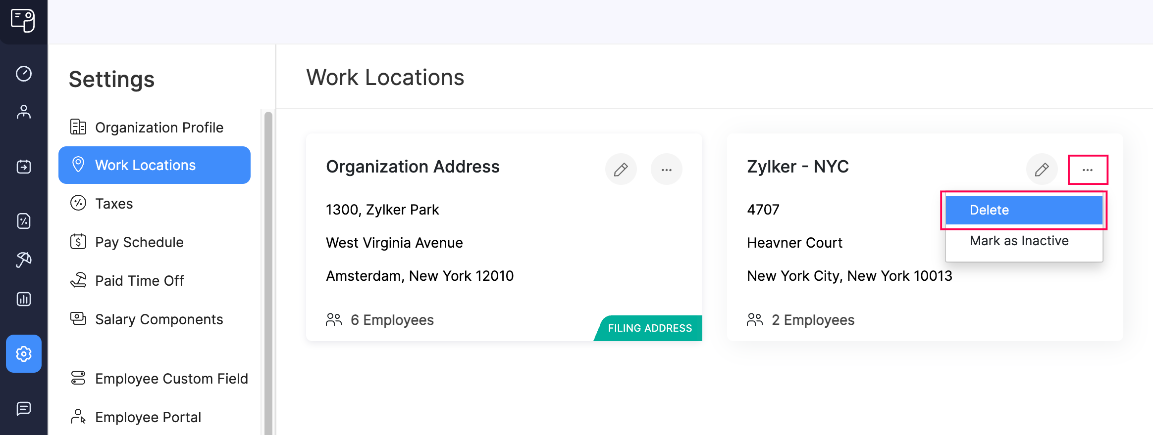 Delete Work Locations in Zoho Payroll