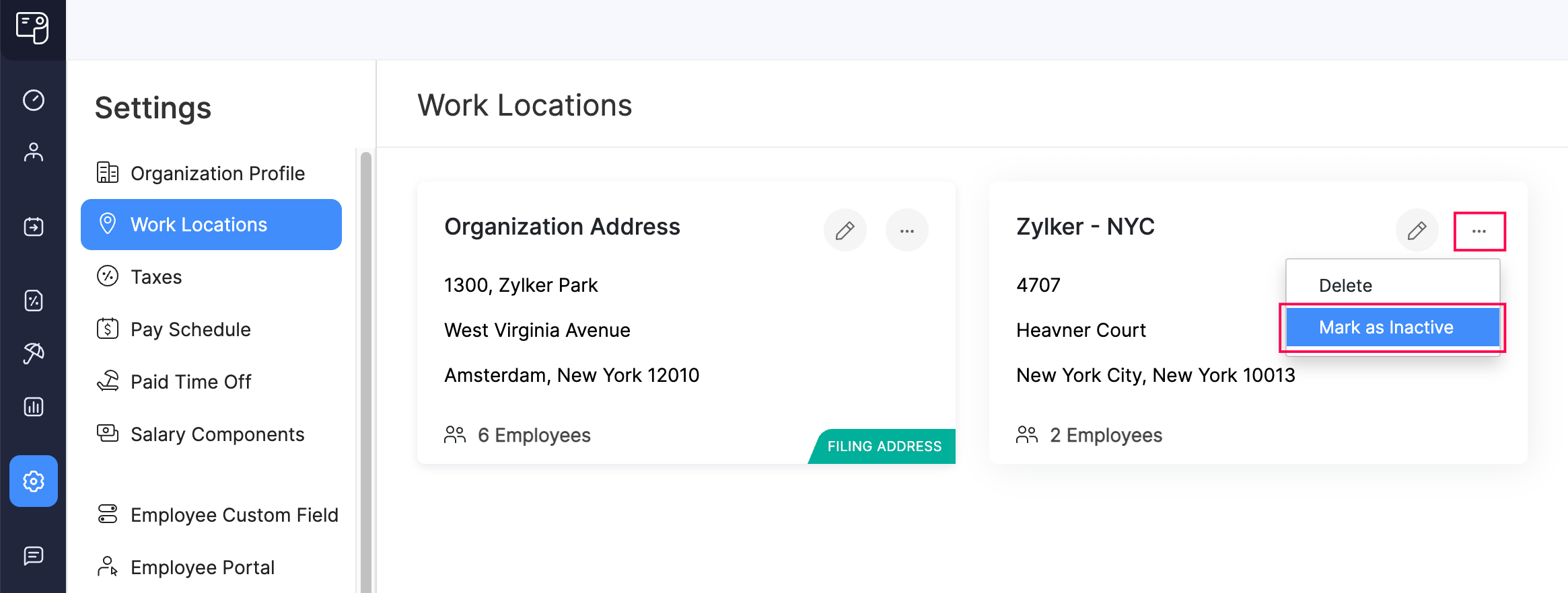 Mark a Work Location as Inactive in Zoho Payroll