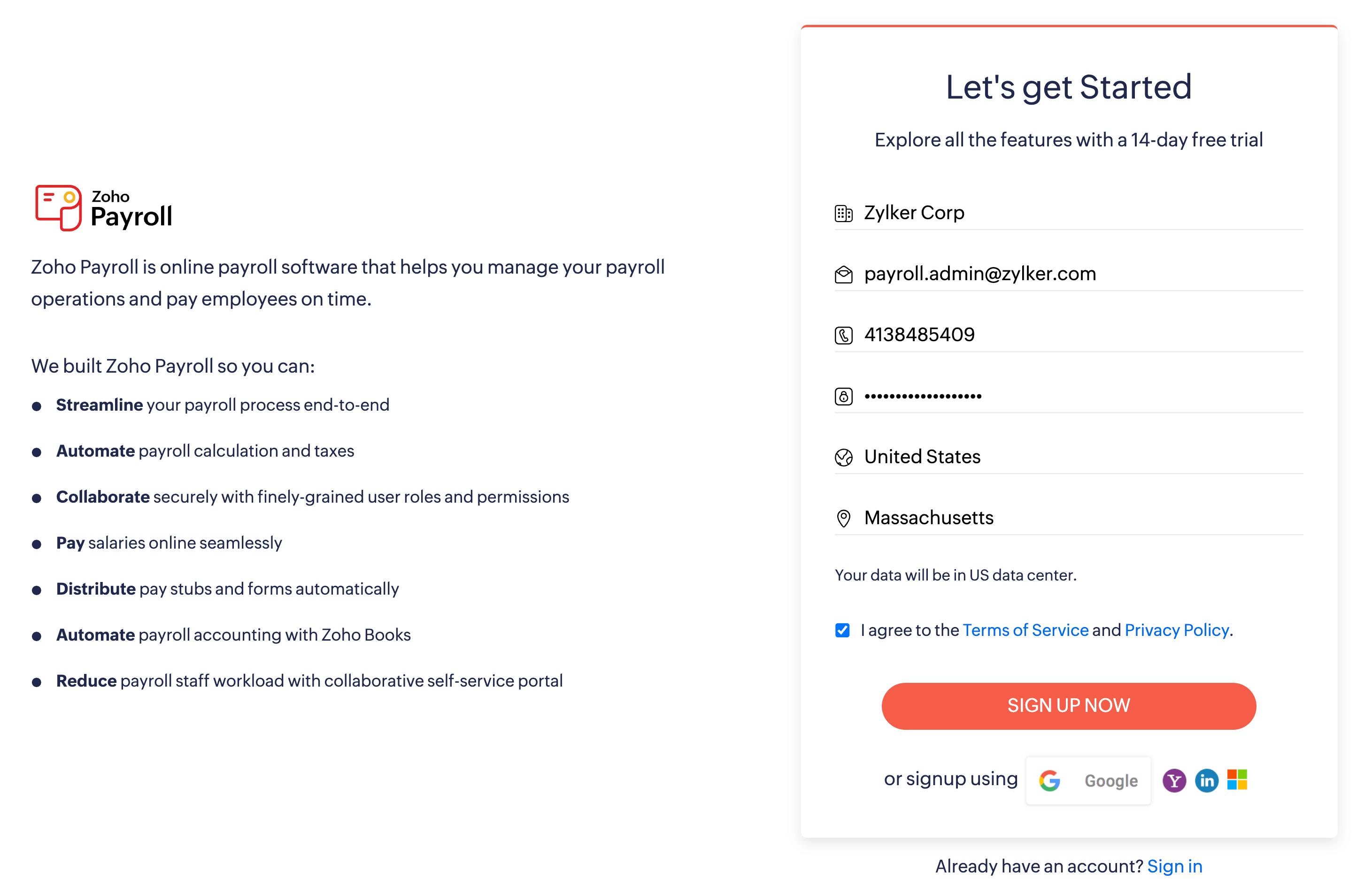 Sign Up for Zoho Payroll