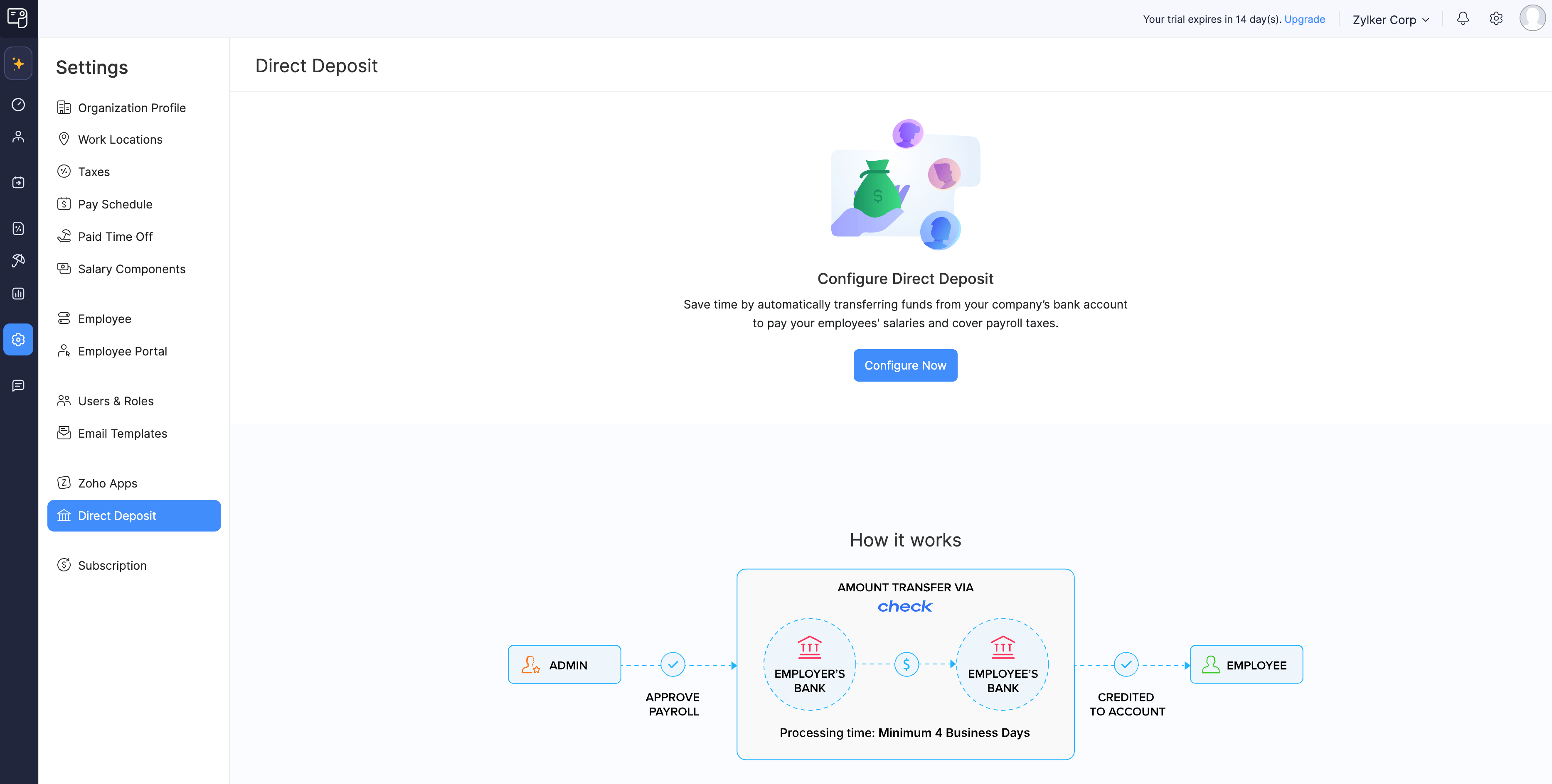 Configure Direct Deposit in Zoho Payroll