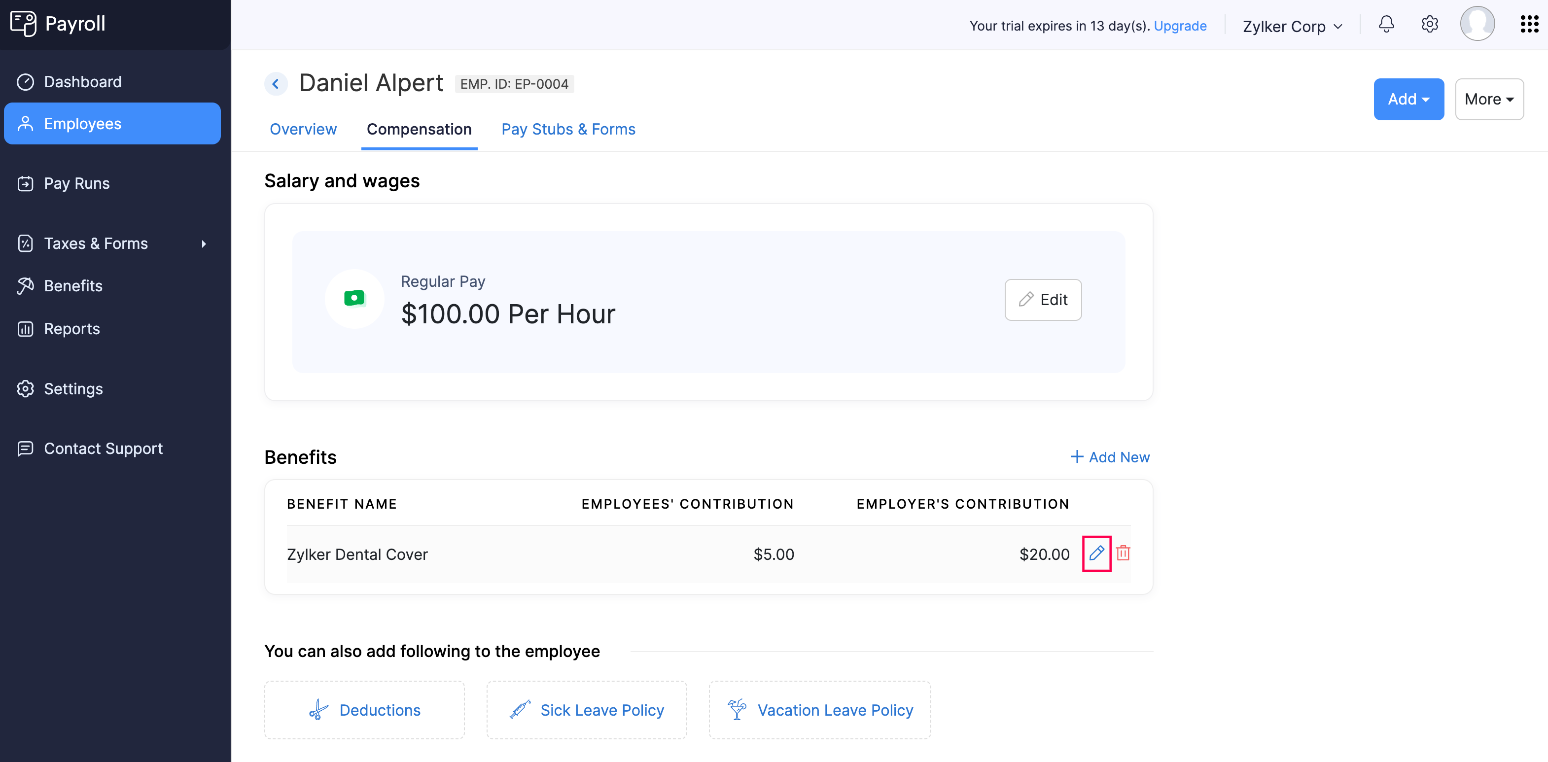 Edit Employee Benefit Contribution Amounts