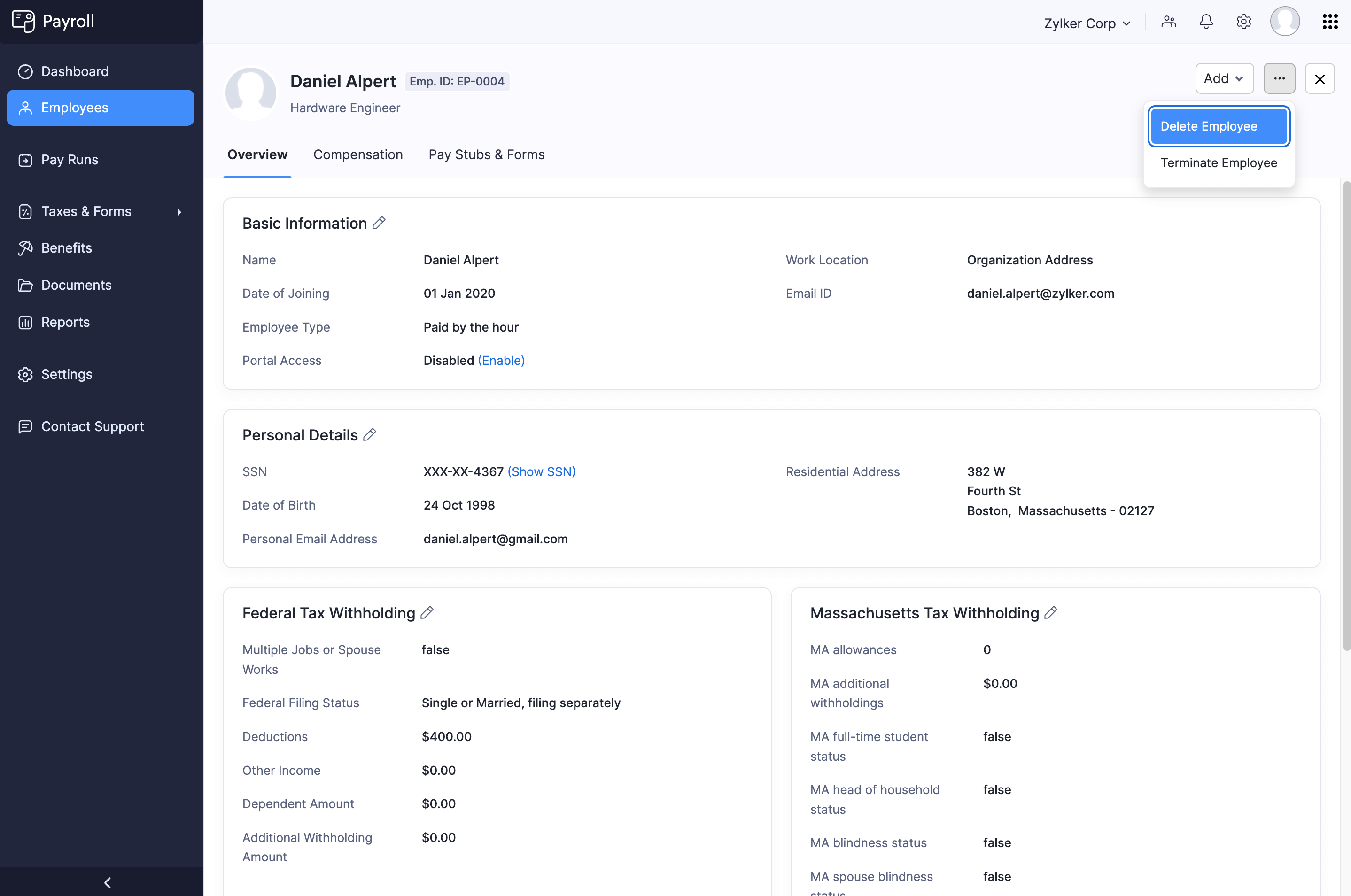 Delete Employee from Zoho Payroll