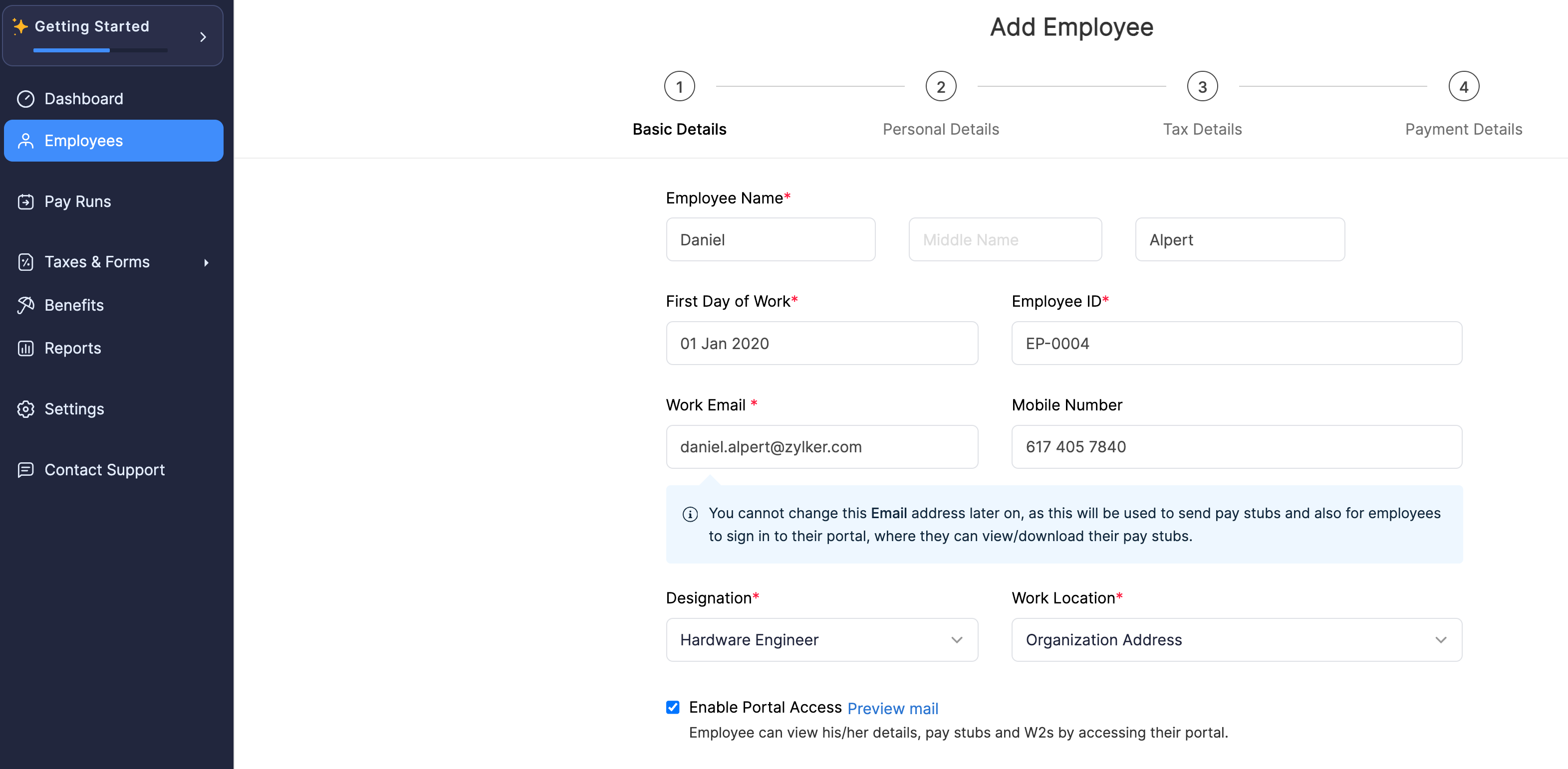 Provide Employee’s Basic Details