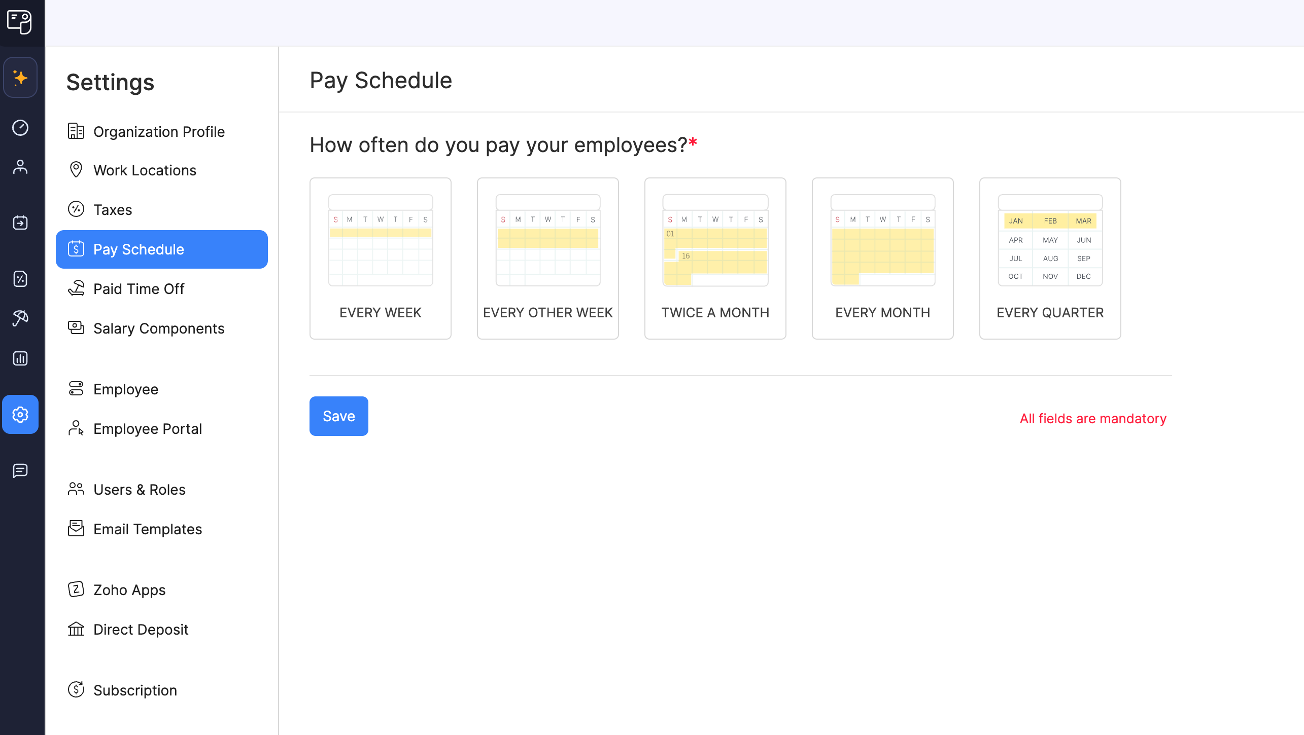 Select Pay Frequency in Zoho Payroll