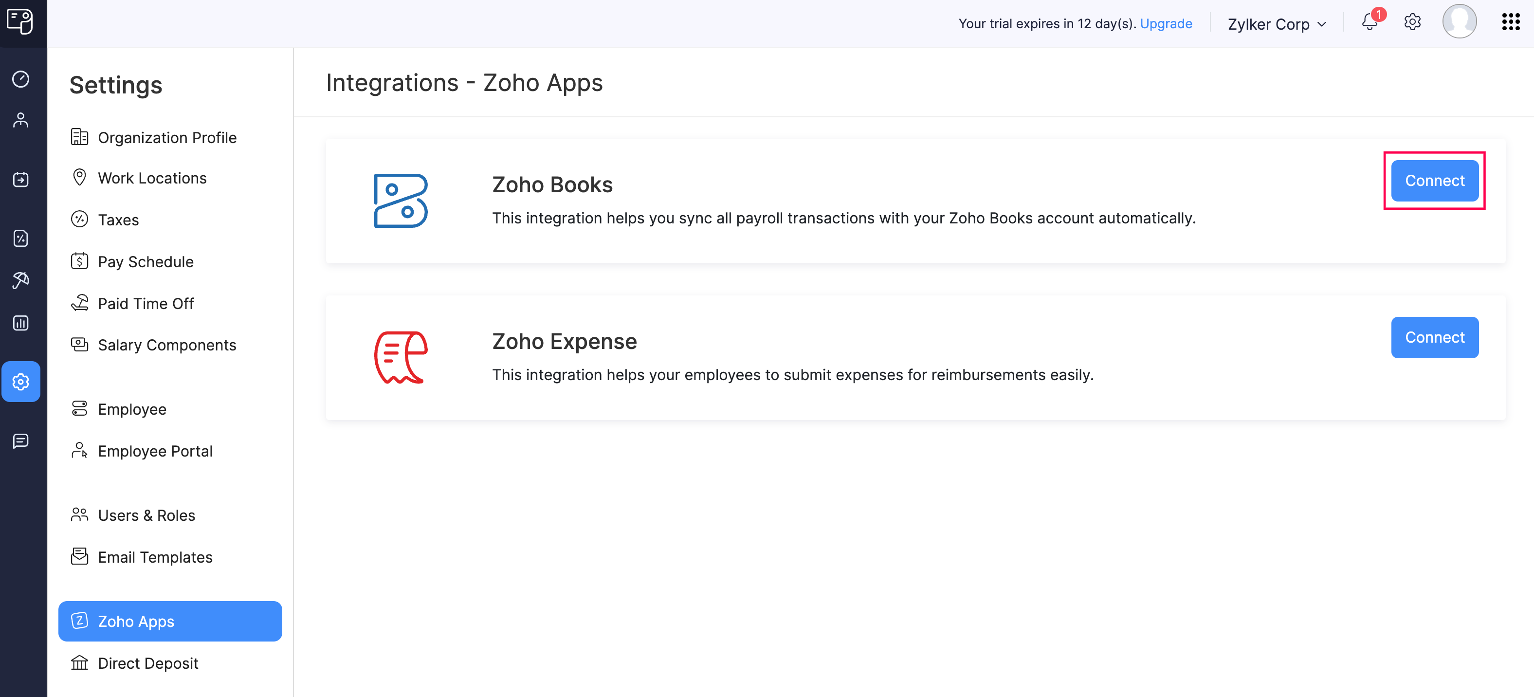 Connect Button to Integrate Zoho Payroll with Zoho Books