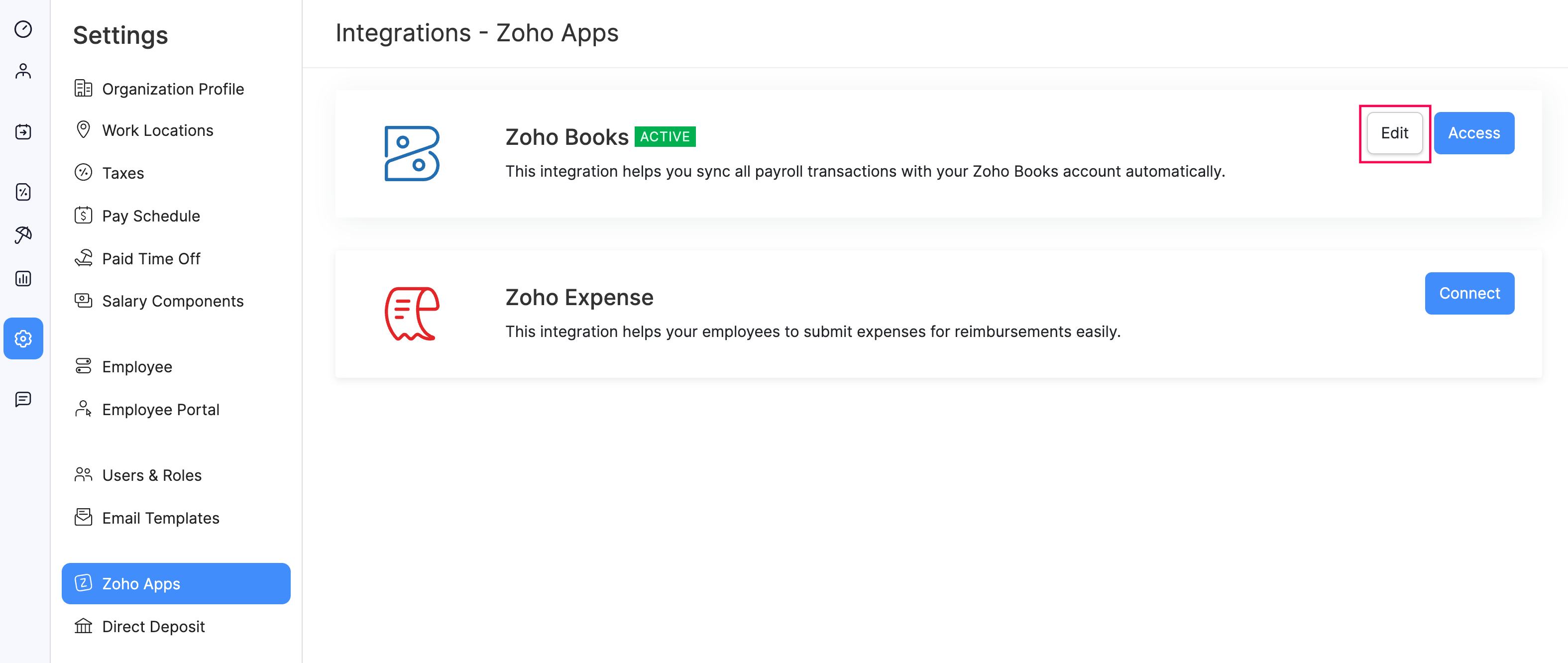 Edit Zoho Books Integration Configuration