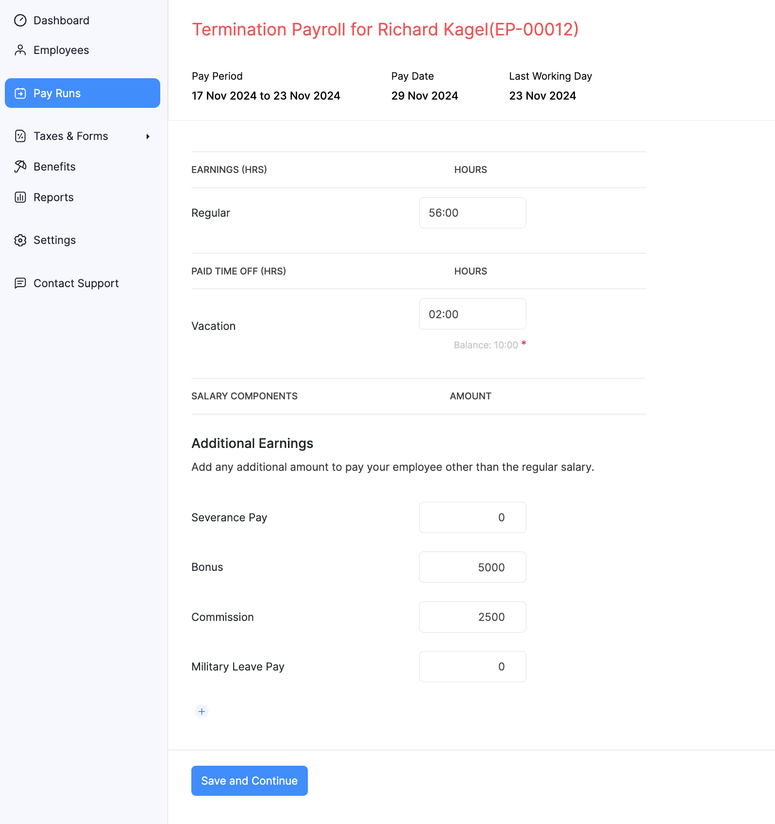 Termination Payroll Details in Zoho Payroll