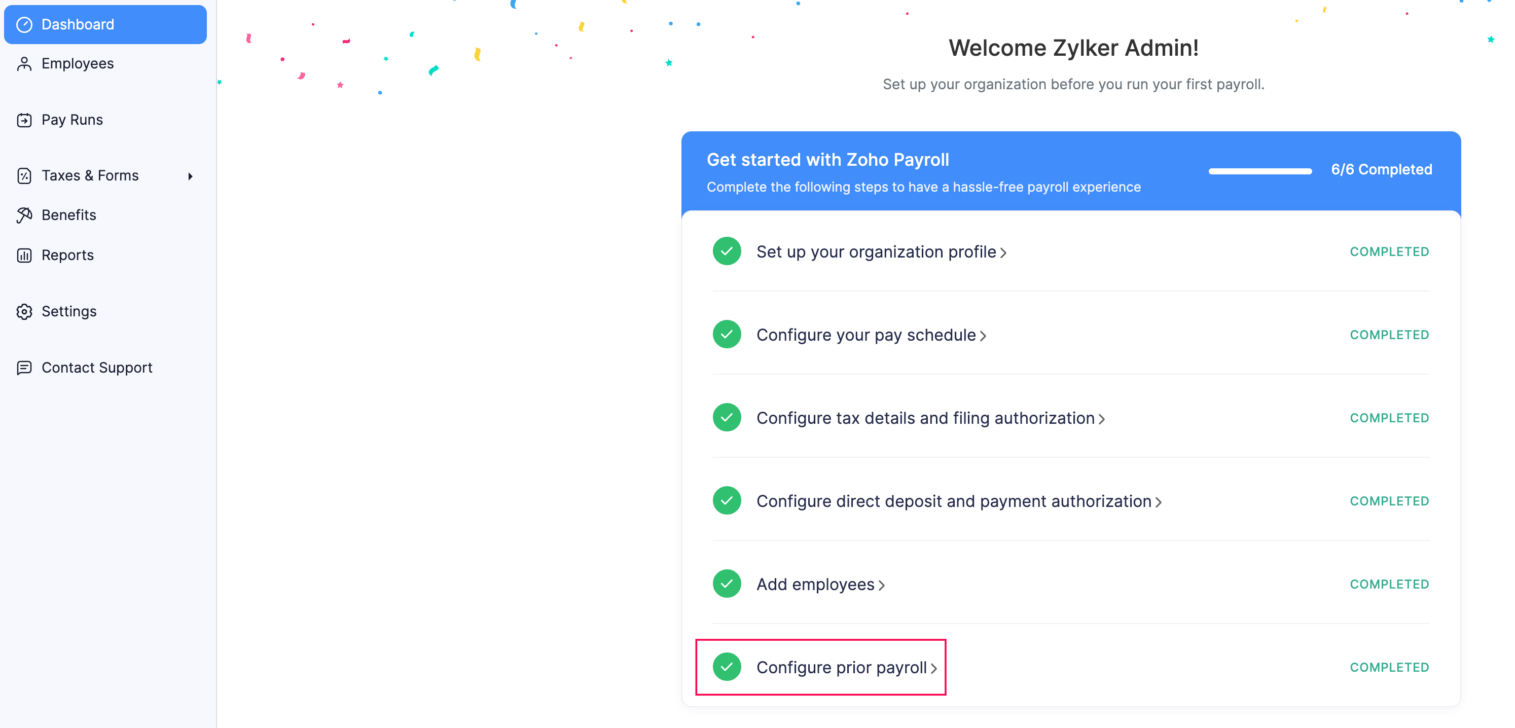 Configure Prior Payroll in Getting Started Page of Zoho Payroll