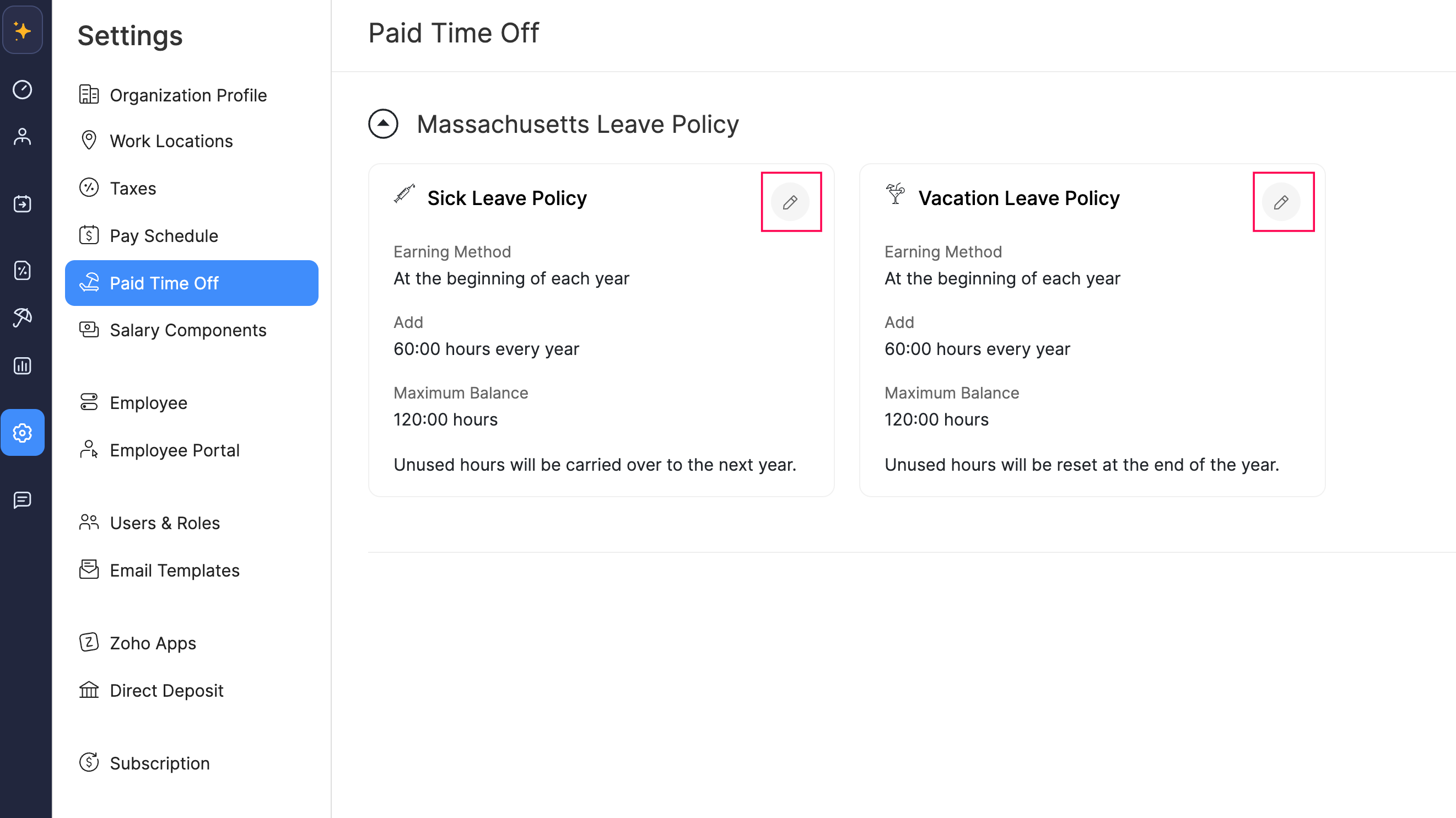 Edit Sick or Vacation Leave Policy in Zoho Payroll