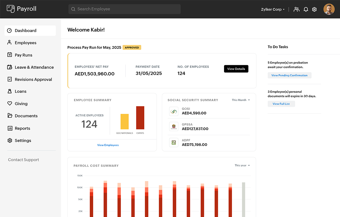 Payroll software dashboard with payroll overview