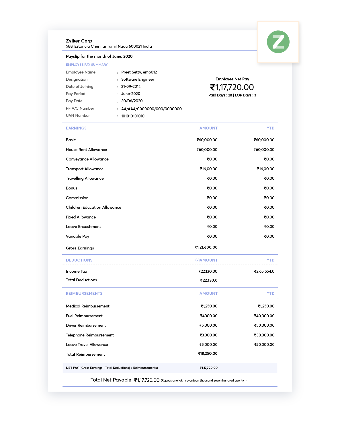 Payslip templates | Download salary templates online | Zoho Payroll