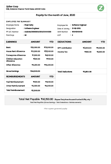 payslip templates download salary templates online zoho payroll