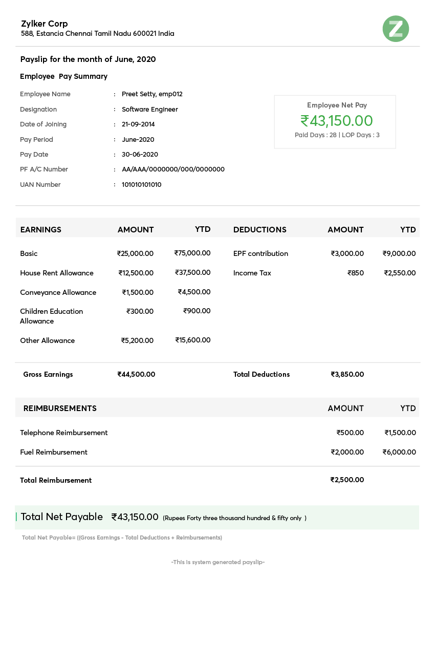 Payslip templates | Download salary templates online | Zoho Payroll