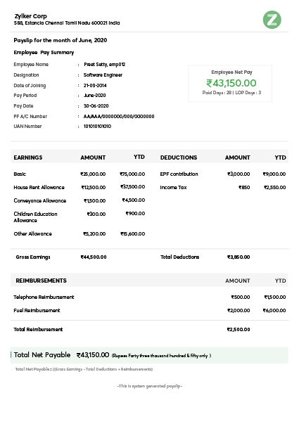 salary slip sample format india