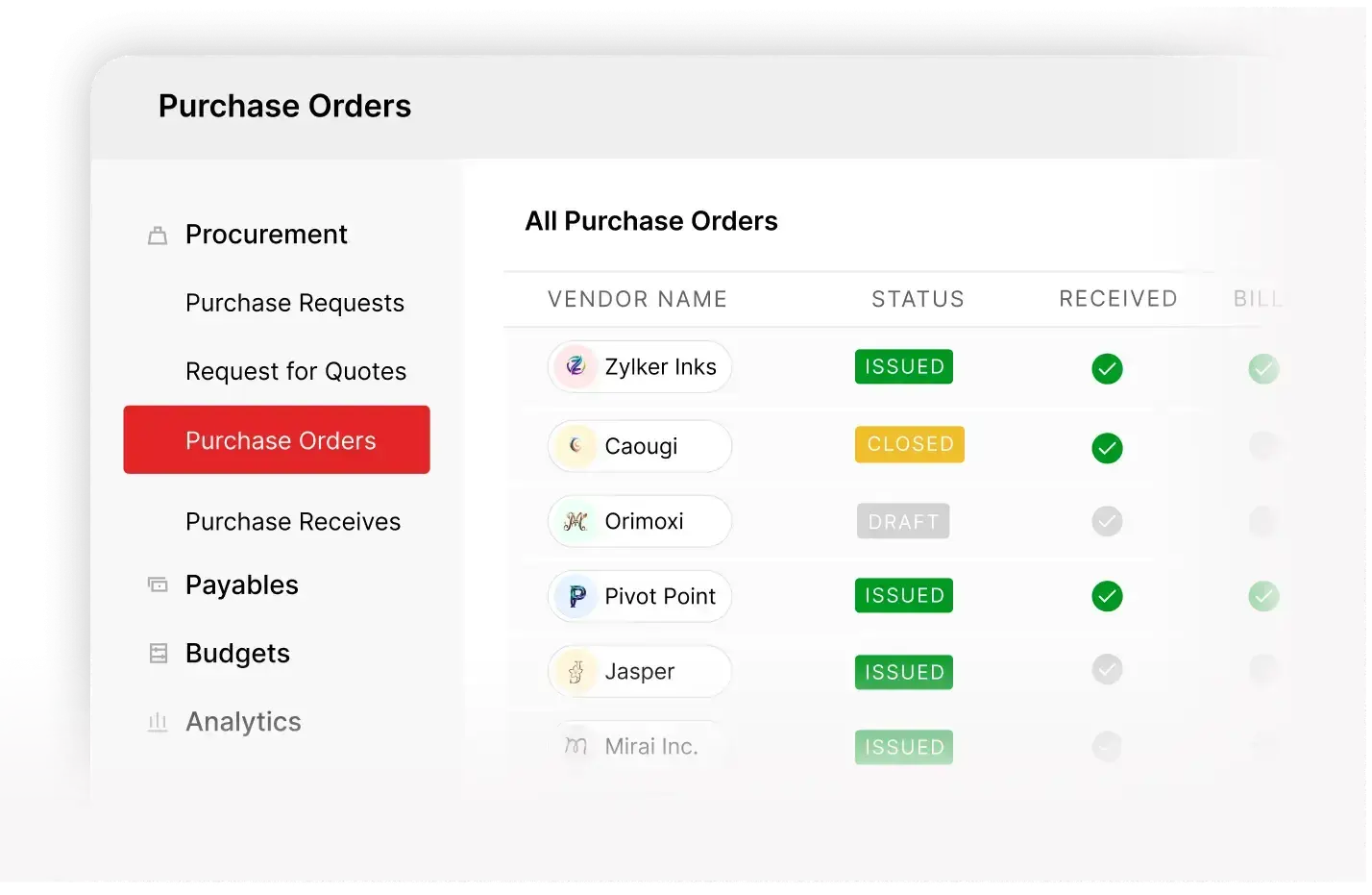 Purchase order management interface in Zoho Procurement