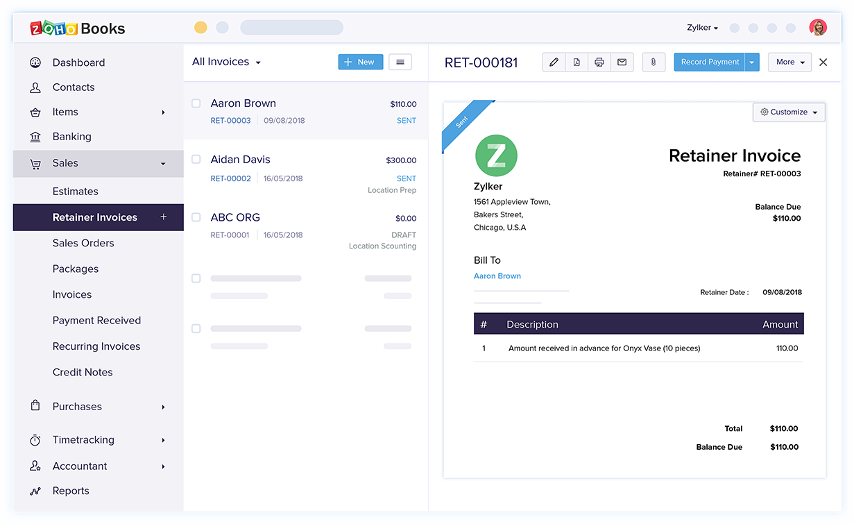 Retainer Invoices - Best Invoicing and Accounting Software | Zoho Books