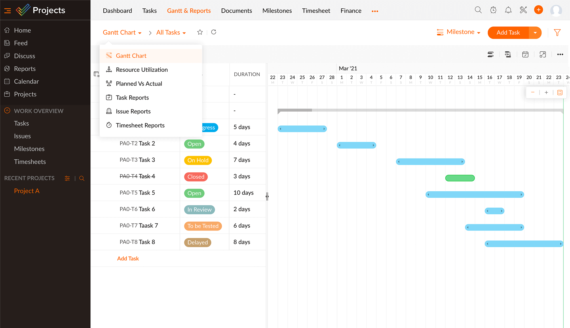 ガントチャートとレポートに移動 | Zoho Projects