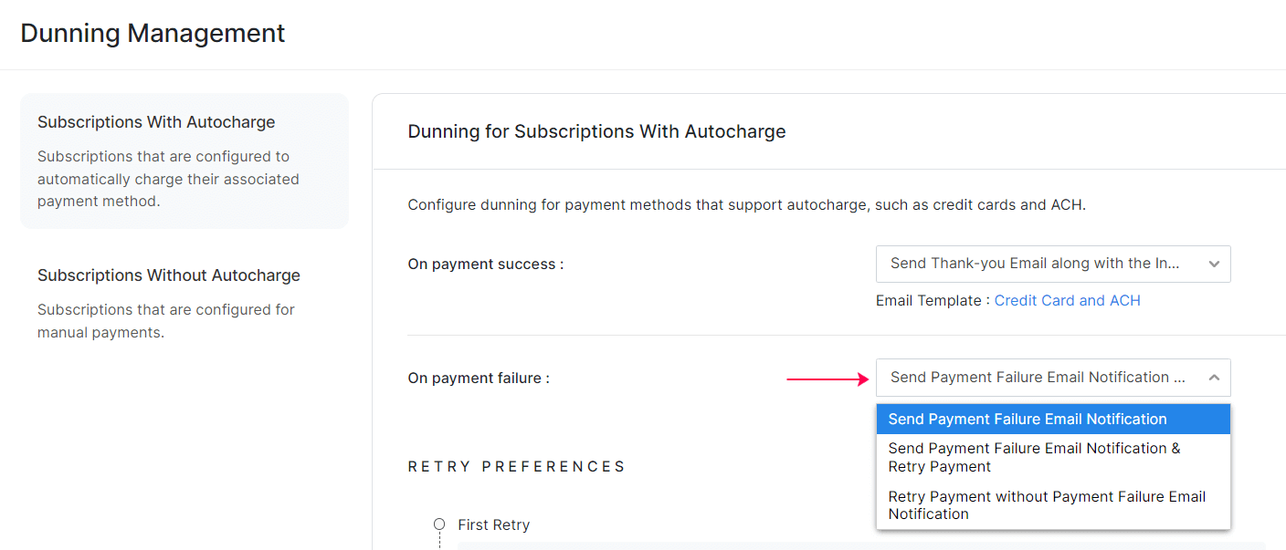 Payment Failure Dropdown