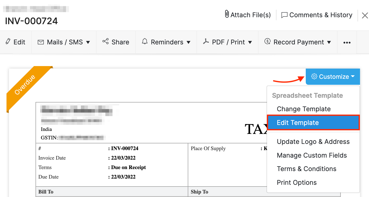 Edit E-invoice Template