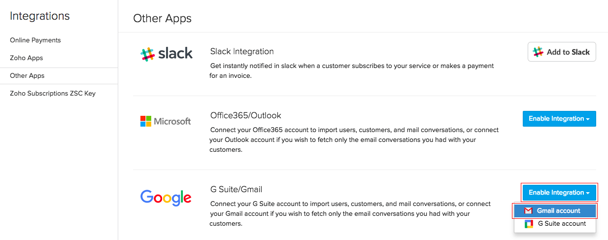 Gmail Integration Help doc Zoho Subscriptions