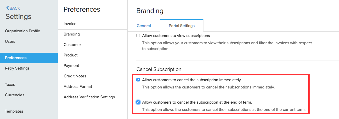 Cancel subscription enable option