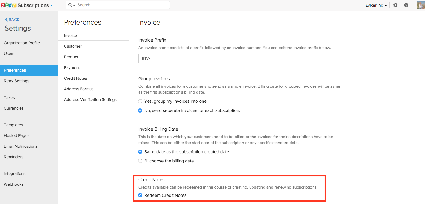 Credit Notes Help Doc Zoho Subscriptions