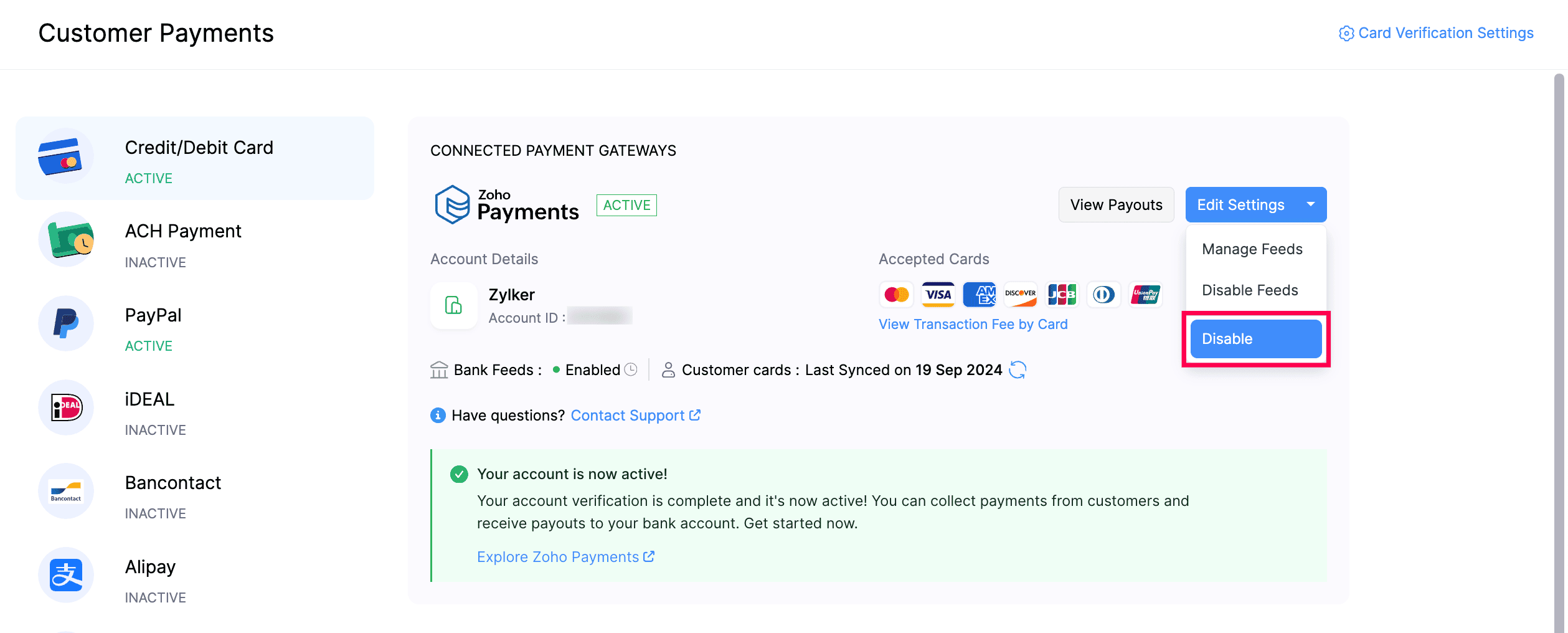 Disable Zoho Payments