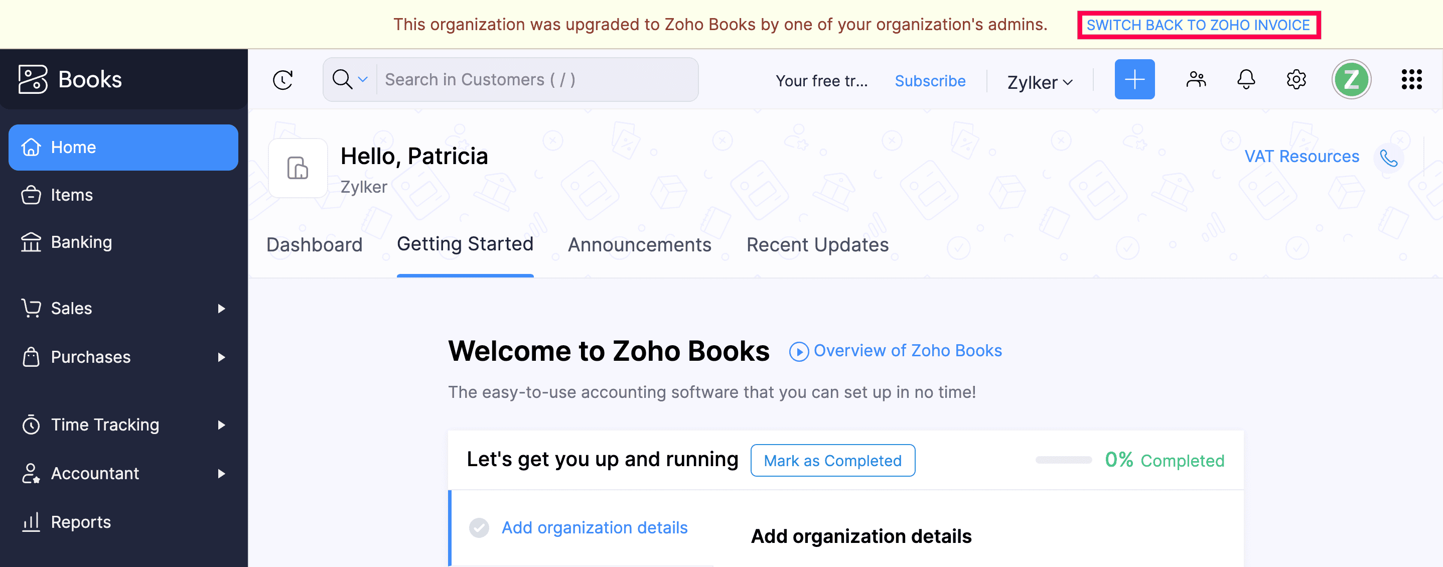 Switch back to Zoho Invoice